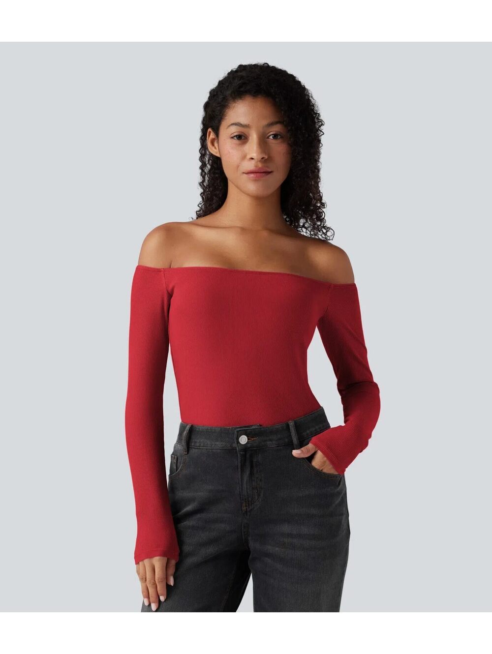 Halara Ribbed Knit Off Shoulder Long Sleeve 2-in-1 Casual Top Red Size Large - Picture 9 of 10
